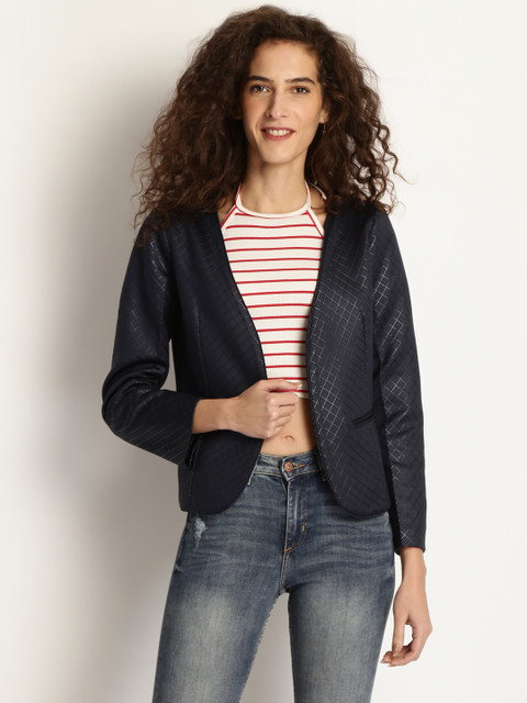 

RARE Women Navy Blue Self-Design Open Front Leather Jacket