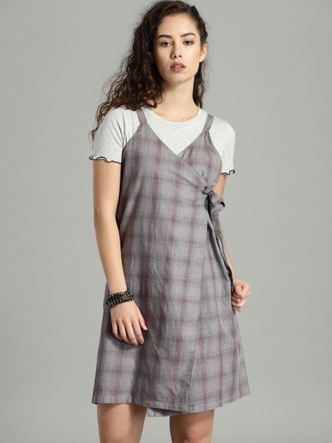 

Roadster Women Grey & Maroon Checked Pinafore Dress