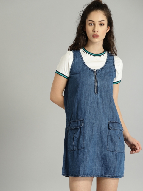 

Roadster Women Blue Solid A-Line Denim Dress