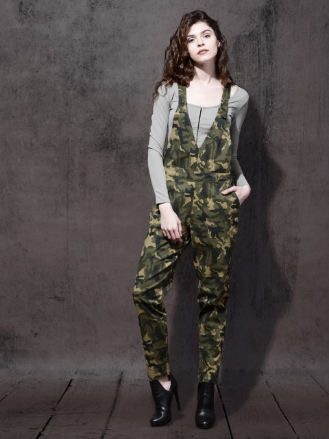 

Roadster Women Olive Green Camouflage Print Dungarees