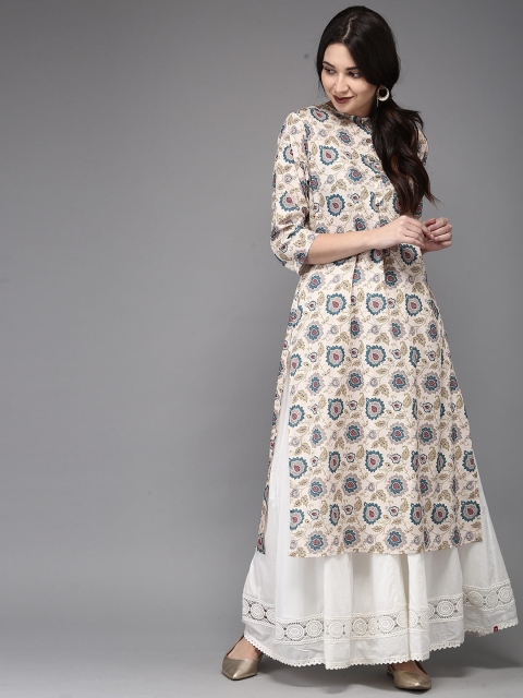 

Moda Rapido Women Cream-Coloured & Teal Printed A-Line Kurta