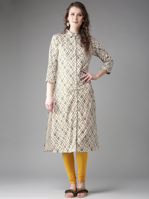 

HERE&NOW Women Off-White & Green Printed Straight Kurta