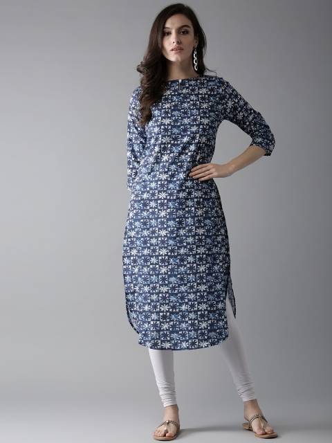 

HERE&NOW Women Navy & Off-White Printed Straight Kurta, Navy blue