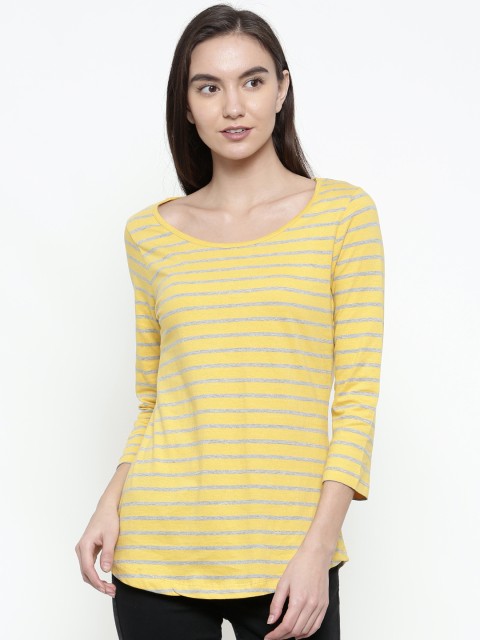 

Fame Forever by Lifestyle Women Mustard Yellow & Grey Striped Pure Cotton Top