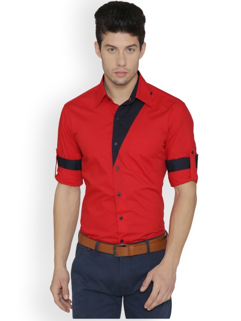 

Dazzio Men Red & Navy Blue Modern Slim Fit Solid Casual Shirt