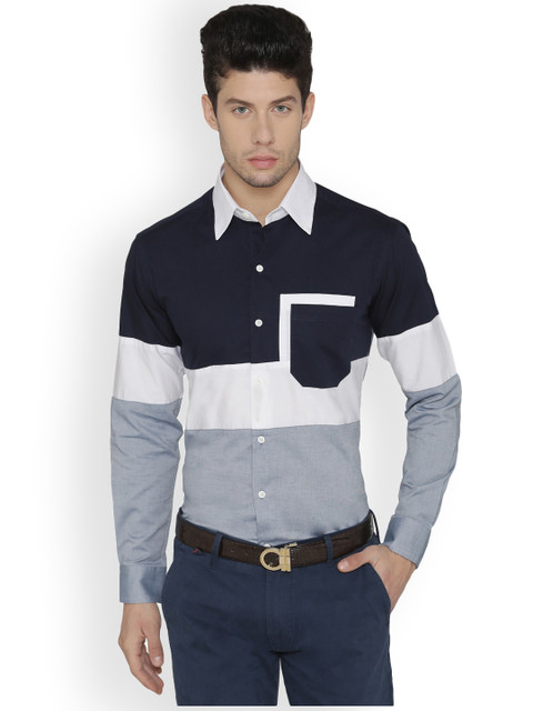 

Dazzio Men Blue & White Slim Fit Colourblocked Party Shirt