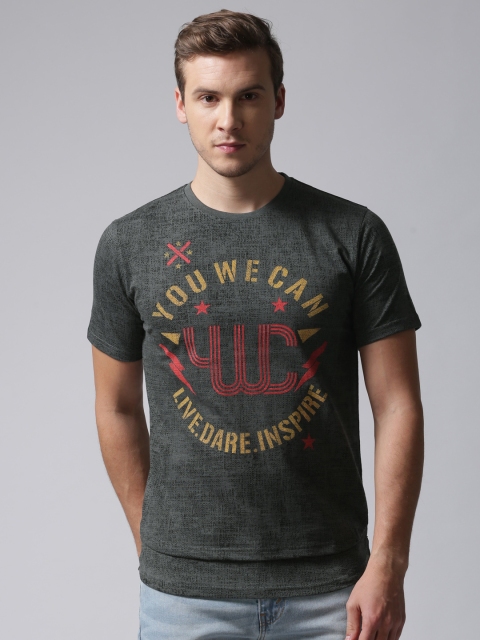 

YWC Men Charcoal Grey Typography Printed Round Neck T-shirt