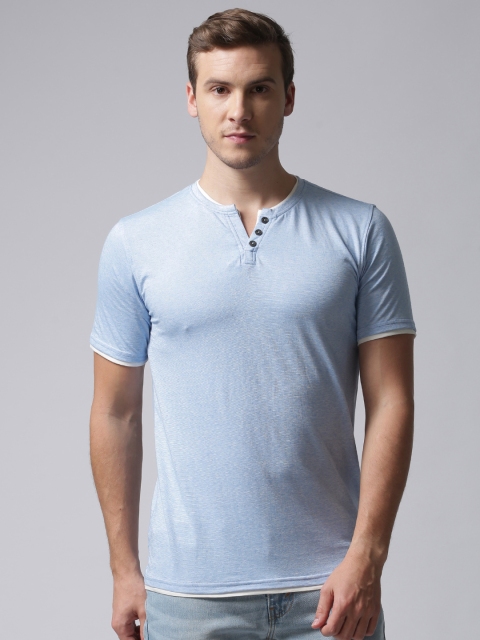 

YWC Men Blue Solid Layered Henley Neck T-shirt
