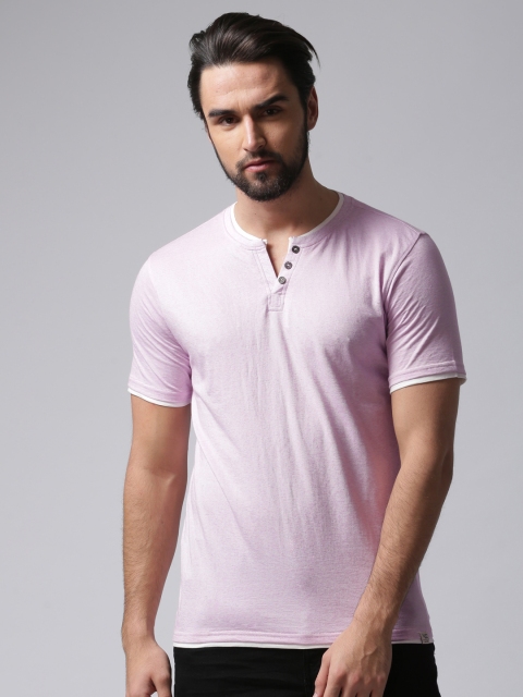 

YWC Men Lavender Solid Layered Henley Neck T-shirt