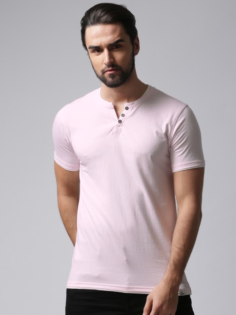 

YWC Men Pink Solid Layered Henley Neck T-shirt
