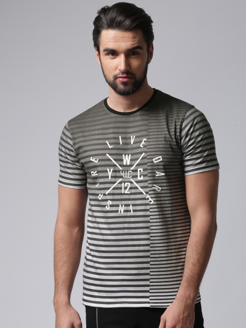 

YWC Men Grey Melange & Off-White Striped T-shirt