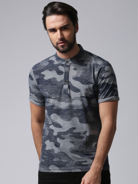 

YWC Men Navy Camouflage Printed Mandarin Collar T-shirt, Navy blue