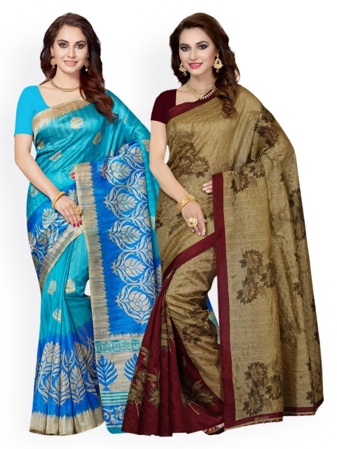 

Ishin Selection of 2 Art Silk Printed Sarees, Beige