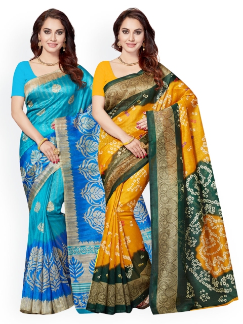 

Ishin Selection of 2 Blue & Yellow Art Silk Printed Sarees