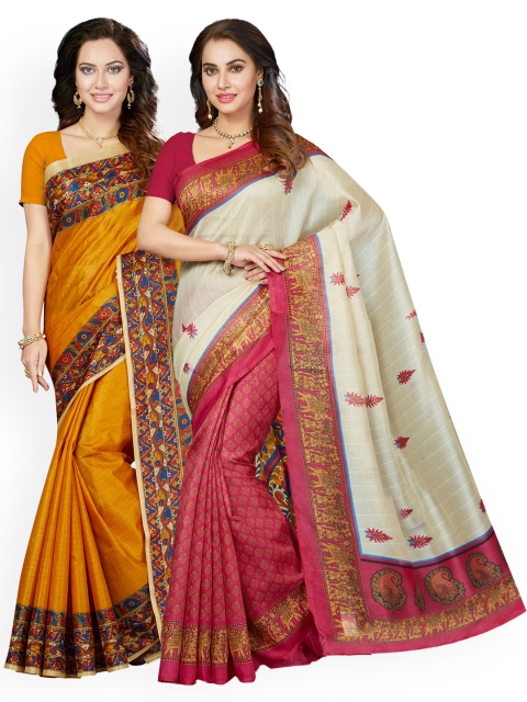 

Ishin Selection of 2 Mustard Yellow & Pink Art Silk Printed Sarees