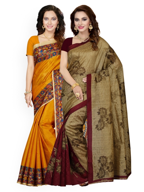 

Ishin Selection of 2 Mustard Yelllow & Beige Art Silk Printed Sarees