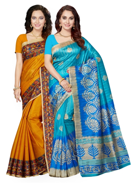 

Ishin Selection of 2 Mustard Yellow & Blue Art Silk Printed Sarees