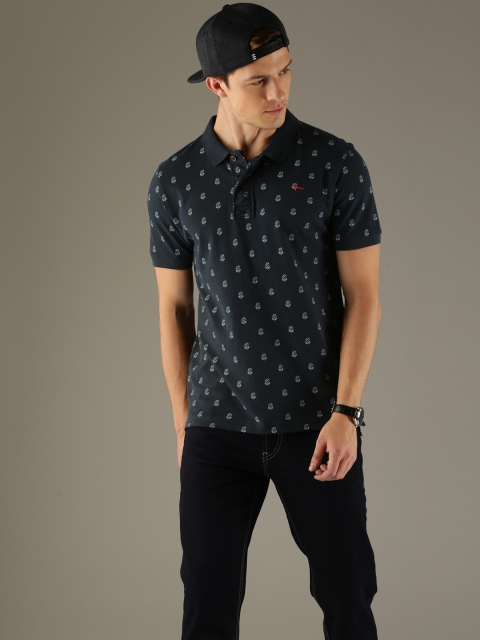 

Flying Machine Men Navy Blue Printed Polo Collar Pure Cotton T-shirt