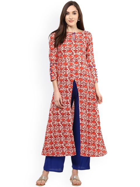 

Jaipur Kurti Women Coral Pink & Blue Striped Kurta with Palazzos