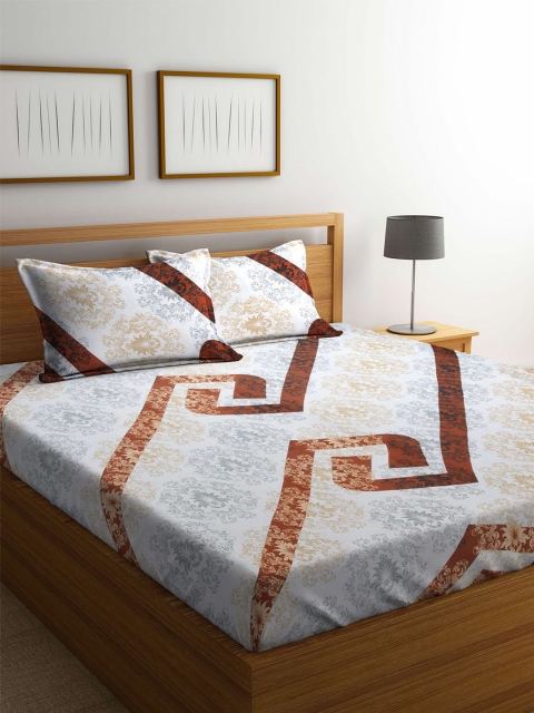 

MAFATLAL White & Brown Abstract Fitted and Flat 144 TC Cotton 1 Extra Large Bedsheet with 2 Pillow Covers