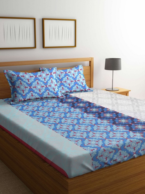 

MAFATLAL Blue Floral Flat 144 TC Cotton 1 King Bedsheet with 2 Pillow Covers