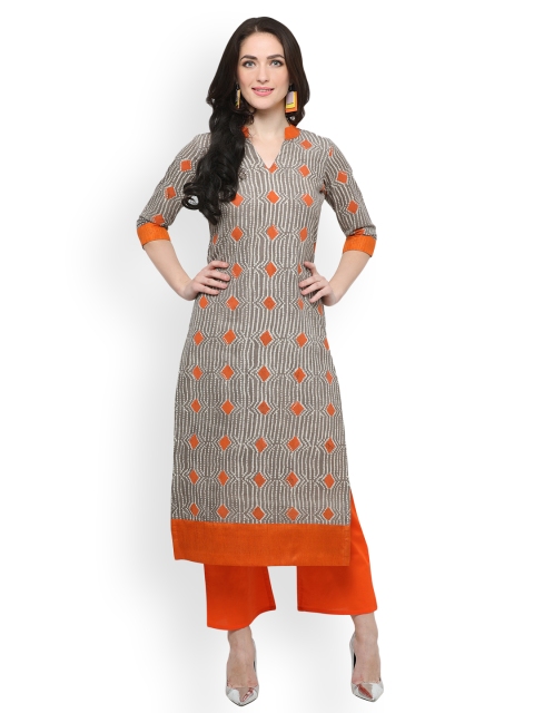 

Inddus Women Grey & Orange Woven Design Straight Kurta