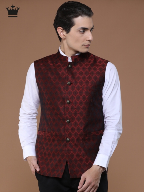 

Louis Philippe Red Ultra Fit Self-Design Nehru Jacket