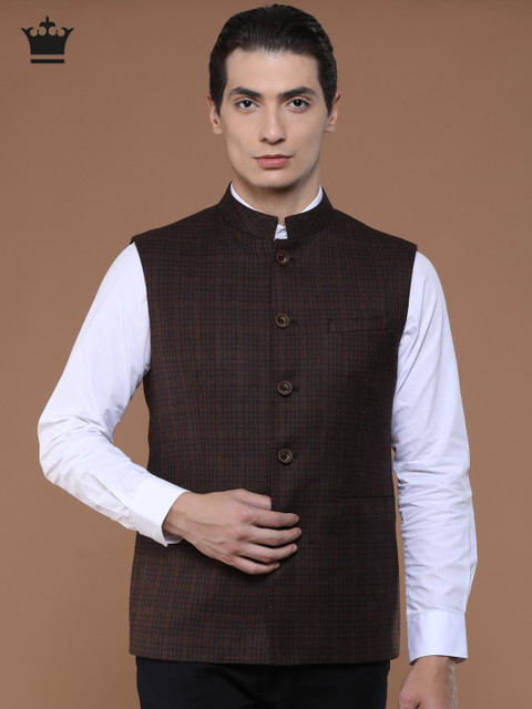 

Louis Philippe Brown & Navy Blue Checked Ultra Fit Nehru Jacket