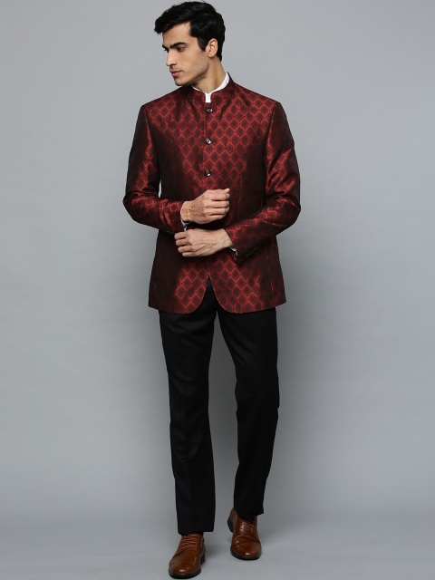 

Louis Philippe Men Maroon & Black Self Design Regular Fit Bandhgala Suit