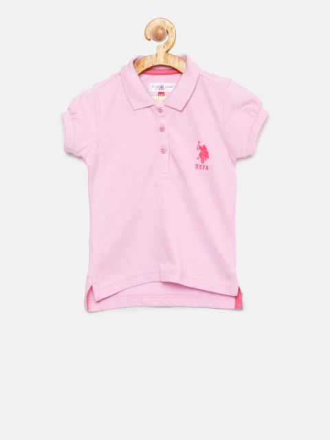 

U.S. Polo Assn. Kids Girls Pink Solid Polo Collar T-shirt