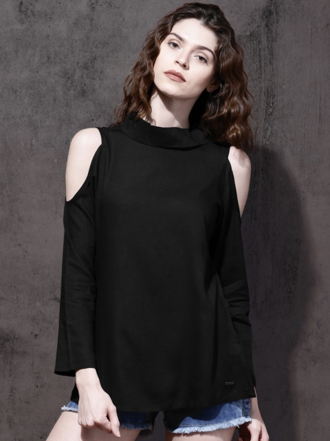 

Roadster Women Black Solid Cold Shoulder Top