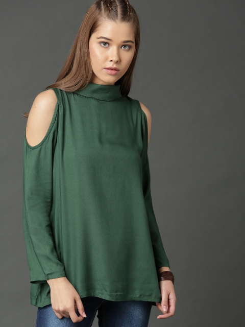 

Roadster Women Green Solid Cold Shoulder Top