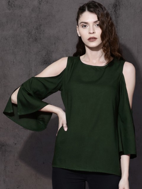 

Roadster Women Olive Green Solid Cold-Shoulder Top