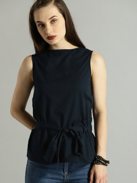 

Roadster Women Navy Blue Solid Pure Cotton Top