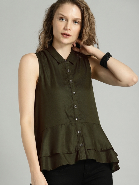 

Roadster Women Olive Green Solid Shirt Style Top