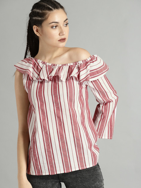 

Roadster Time Travlr Women Maroon & White Striped One-Shoulder Top