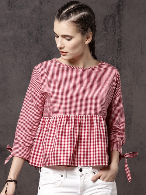 

Roadster Time Travlr Women Red Checked Peplum Pure Cotton Top