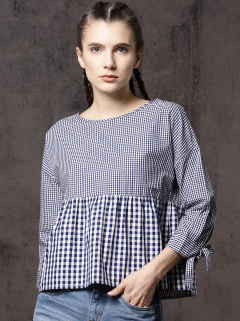 

Roadster Time Travlr Women Blue Checked Peplum Pure Cotton Top