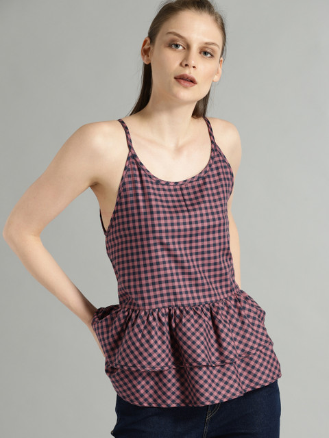 

Roadster Time Travlr Women Pink & Navy Checked Peplum Top