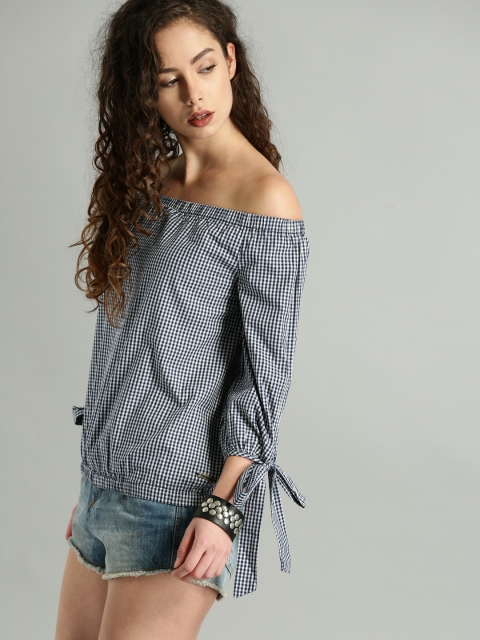 

Roadster Time Travlr Women Navy Blue Checked Bardot Top