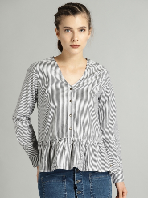 

Roadster Time Travlr Women White & Blue Striped Peplum Top