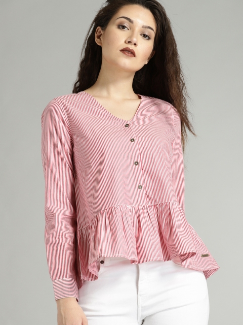 

Roadster Time Travlr Women Red & White Striped Peplum Pure Cotton Top