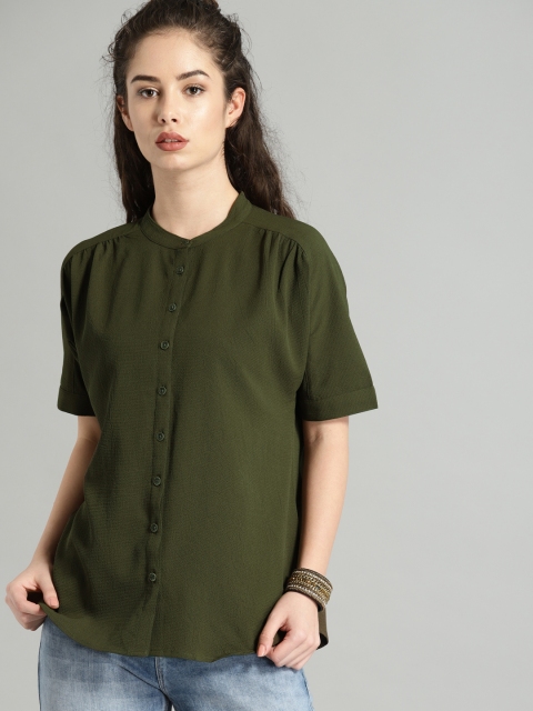 

Roadster Women Olive Green Solid Shirt Style Top