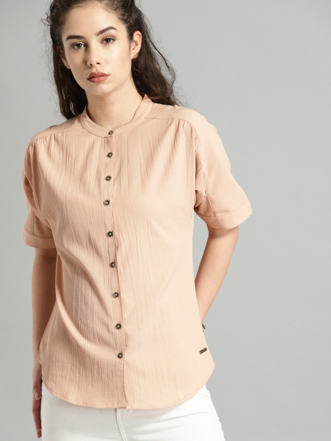 

Roadster Women Peach-Coloured Solid Shirt Style Top