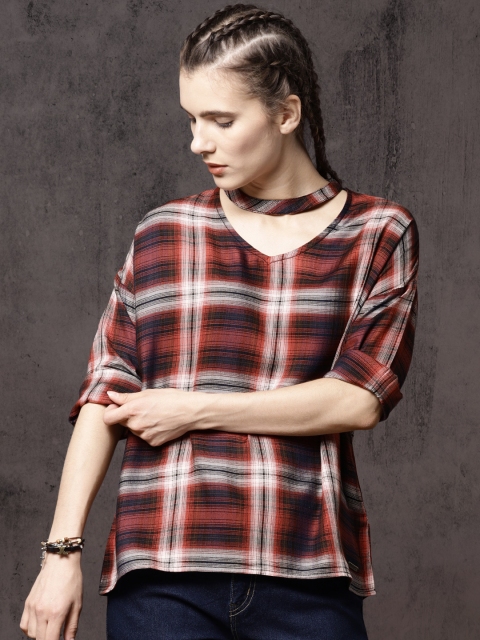 

Roadster Time Travlr Women Red Checked Boxy Top