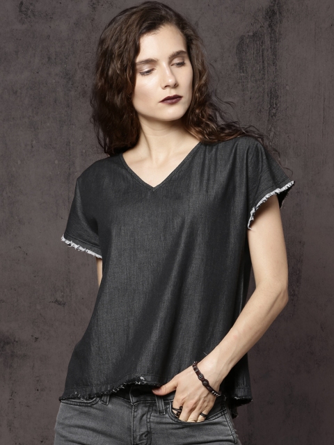 

Roadster Women Charcoal Black Solid V-Neck Chambray Pure Cotton Top