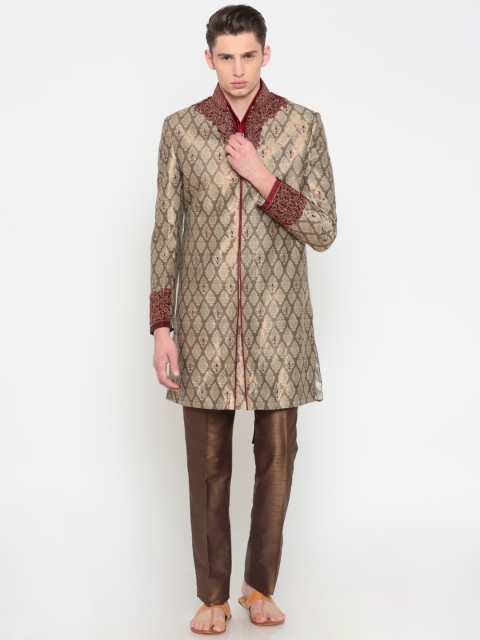 

Peter England Casuals Men Beige & Copper-Toned Woven Design Embellished Sherwani