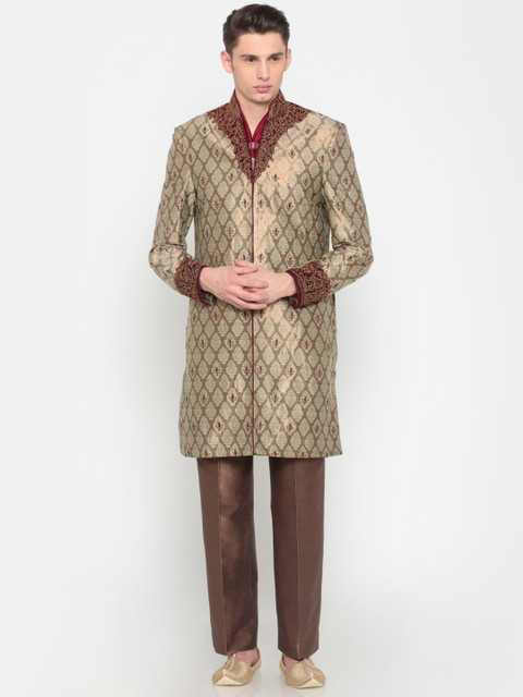 

Peter England Casuals Beige & Brown Woven Design Embellished Sherwani