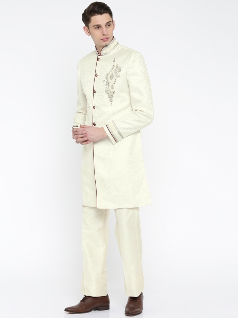 

Peter England Men Off-White & Cream Woven Design Embellished Sherwani