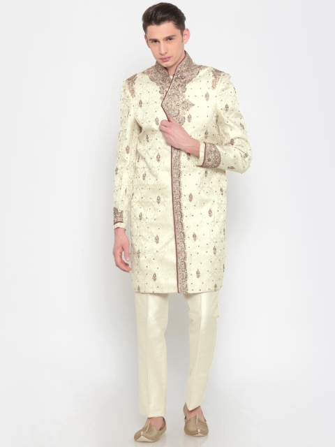 

Peter England Casuals Cream-Coloured Woven Design Embellished Sherwani